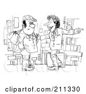 Royalty Free RF Clipart Illustration Of A Coloring Page Outline Of Two Men Talking On A Street