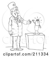 Royalty Free RF Clipart Illustration Of A Coloring Page Outline Of A Doctor And Pill Giving A High Five