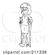 Royalty Free RF Clipart Illustration Of A Coloring Page Outline Of A Woman Using Crutches by Alex Bannykh