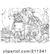 Royalty Free RF Clipart Illustration Of A Coloring Page Outline Of A Fox And Cat Talking