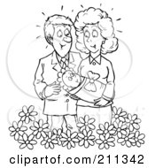 Royalty Free RF Clipart Illustration Of A Coloring Page Outline Of A Couple Holding Their Baby In Flowers