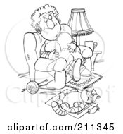 Poster, Art Print Of Coloring Page Outline Of A Chubby Woman And Her Fat Cat Being Lazy