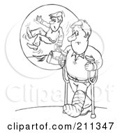 Royalty Free RF Clipart Illustration Of A Coloring Page Outline Of A Man Using Crutches Remembering His Fall by Alex Bannykh