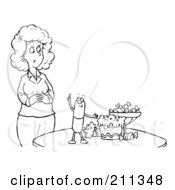 Royalty Free RF Clipart Illustration Of A Coloring Page Outline Of A Diet Pill Talking To A Woman About Food