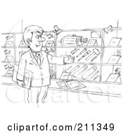 Royalty Free RF Clipart Illustration Of A Coloring Page Outline Of A Salesman Showing Tools On Display by Alex Bannykh