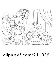 Poster, Art Print Of Coloring Page Outline Of A Flyer Boy Admiring Donuts In A Window