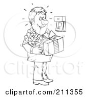 Royalty Free RF Clipart Illustration Of A Coloring Page Outline Of A Sweet Man Holding Flowers And A Gift