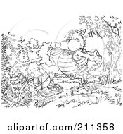 Royalty Free RF Clipart Illustration Of A Coloring Page Outline Of A Wolf Blowing Down A Pigs Stick House by Alex Bannykh