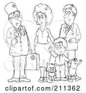 Royalty Free RF Clipart Illustration Of A Coloring Page Outline Of A Doctor Talking With A Family by Alex Bannykh
