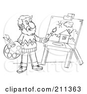 Royalty Free RF Clipart Illustration Of A Coloring Page Outline Of A Male Artist Painting A House