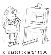 Royalty Free RF Clipart Illustration Of A Coloring Page Outline Of A Man With Measurements On An Easel
