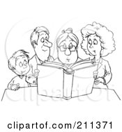 Poster, Art Print Of Coloring Page Outline Of A Granny Reading A Story To A Family