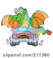 Poster, Art Print Of Green Dragon Driving A Little Purple Car