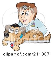 Poster, Art Print Of Friendly Male Veterinarian Bandaging Up A Hurt Dog