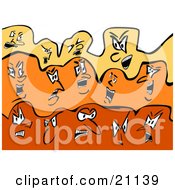 Clipart Illustration Of A Crowd Of Abstract Yellow And Orange People In Rows Screaming And Shouting Their Opinions