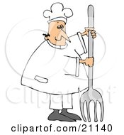 Poster, Art Print Of Pleased White Chef Man In Uniform Standing With A Large Fork In Front Of Him