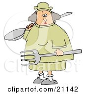 Clipart Illustration Of A White Chef Woman In A Yellow Uniform And Chefs Hat Carrying A Large Spoon And Fork In A Kitchen by djart