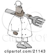 Poster, Art Print Of Black Chef Man In A White Uniform And Chefs Hat Carrying A Large Fork Over His Shoulder