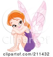 Poster, Art Print Of Happy Red Haired Fairy In A Purple Dress Resting Her Head On Her Knees