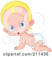 Poster, Art Print Of Blond Baby Boy Crawling In A Diaper And Looking Surprised