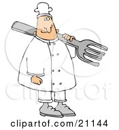 Poster, Art Print Of Happy White Chef Wearing A Hat Carrying A Large Fork Over His Shoulder