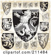 Poster, Art Print Of Digital Collage Of Medieval Lion Shield Designs