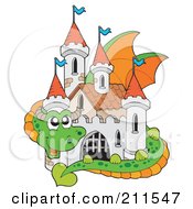 Royalty Free RF Clipart Illustration Of A Cute Dragon Guarding A Fairy Tale Castle