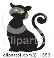 Royalty Free RF Clipart Illustration Of A Solid Black Cat With Green Eyes And A Curled Tail