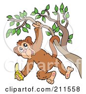 Poster, Art Print Of Happy Monkey Hanging From A Tree With A Banana