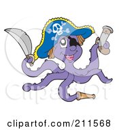 Poster, Art Print Of Purple Octopus Pirate With A Sword Gun And Telescope