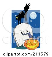 Poster, Art Print Of Scared Cat On A Tombstone Over A Jackolantern