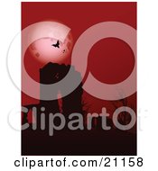 Poster, Art Print Of Vampire Bats Circling In Front Of A Full Moon In A Red Night Sky High Above The Ruins Of An Old Abbey And Bare Trees