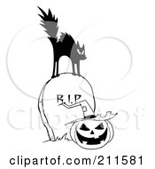 Poster, Art Print Of Black And White Scared Cat On A Tombstone Over A Jackolantern