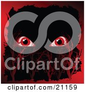 Poster, Art Print Of Pair Of Red Spooky Monster Eyes Glaring Out In A Dark Night Sky With Red Trees And A Border