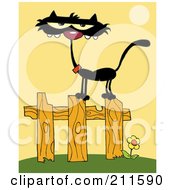 Royalty Free RF Clipart Illustration Of A Scrawny Black Cat On A Fence During The Day