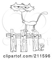 Poster, Art Print Of Royalty-Free Rf Clipart Illustration Of An Outlined Scrawny Cat On A Fence