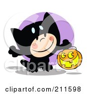 Poster, Art Print Of Happy Child Trick Or Treating In A Black Kitty Costume