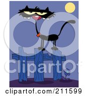 Royalty Free RF Clipart Illustration Of A Scrawny Black Cat On A Fence At Night