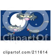 Royalty Free RF Clipart Illustration Of A Gray Kitten By A Mother Cat At Night