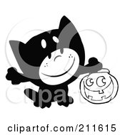 Royalty Free RF Clipart Illustration Of A Black And White Kid Trick Or Treating In A Kitty Costume