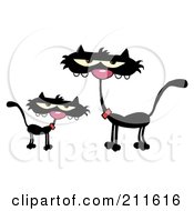 Royalty Free RF Clipart Illustration Of A Black Kitten By A Mother Cat