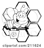Poster, Art Print Of Black And White Bee Waving And Carrying A Bucket Over Honeycombs