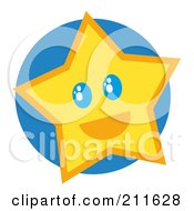 Poster, Art Print Of Happy Yellow Star Face Over A Blue Circle