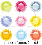 Clipart Illustration Of A Collection Of Green Red Blue Purple Pink Yellow And Orange Flower Icons On A White Background by elaineitalia