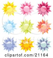 Poster, Art Print Of Collection Of 9 Yellow Pink Red Blue Green Orange And Purple Floral Icons On A White Background