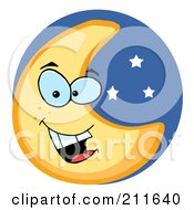 Poster, Art Print Of Friendly Crescent Moon Face In A Starry Blue Sky