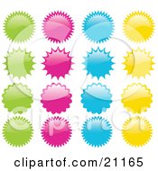 Clipart Illustration Of A Collection Of Green Pink Blue And Yellow Star Bursts In Rows Over A White Background