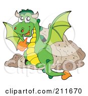 Poster, Art Print Of Green Dragon Sitting By Rocks And Breathing Fire