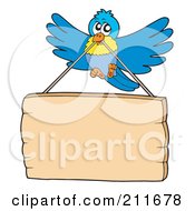 Royalty Free RF Clipart Illustration Of A Blue And Yellow Bird Carrying A Blank Sign On A String