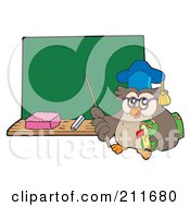 Poster, Art Print Of Owl Teacher With A Pointer Stick And Book Near A Chalk Board
